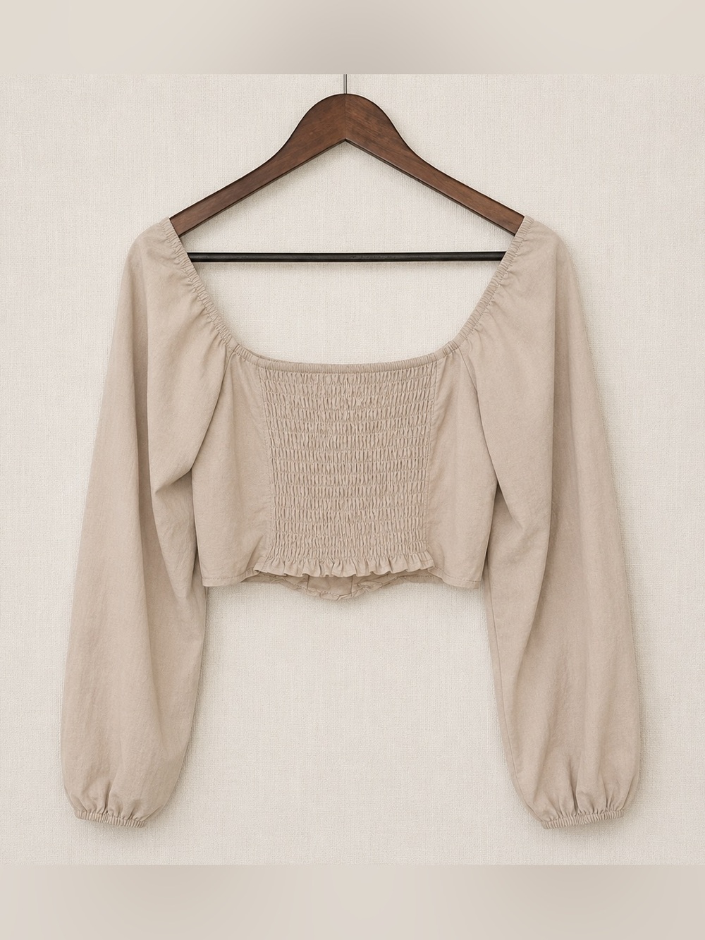 Kirious Los Angeles Linen Blend Puff Sleeve Crop Top | Beige | Size Large - Picture 4 of 5